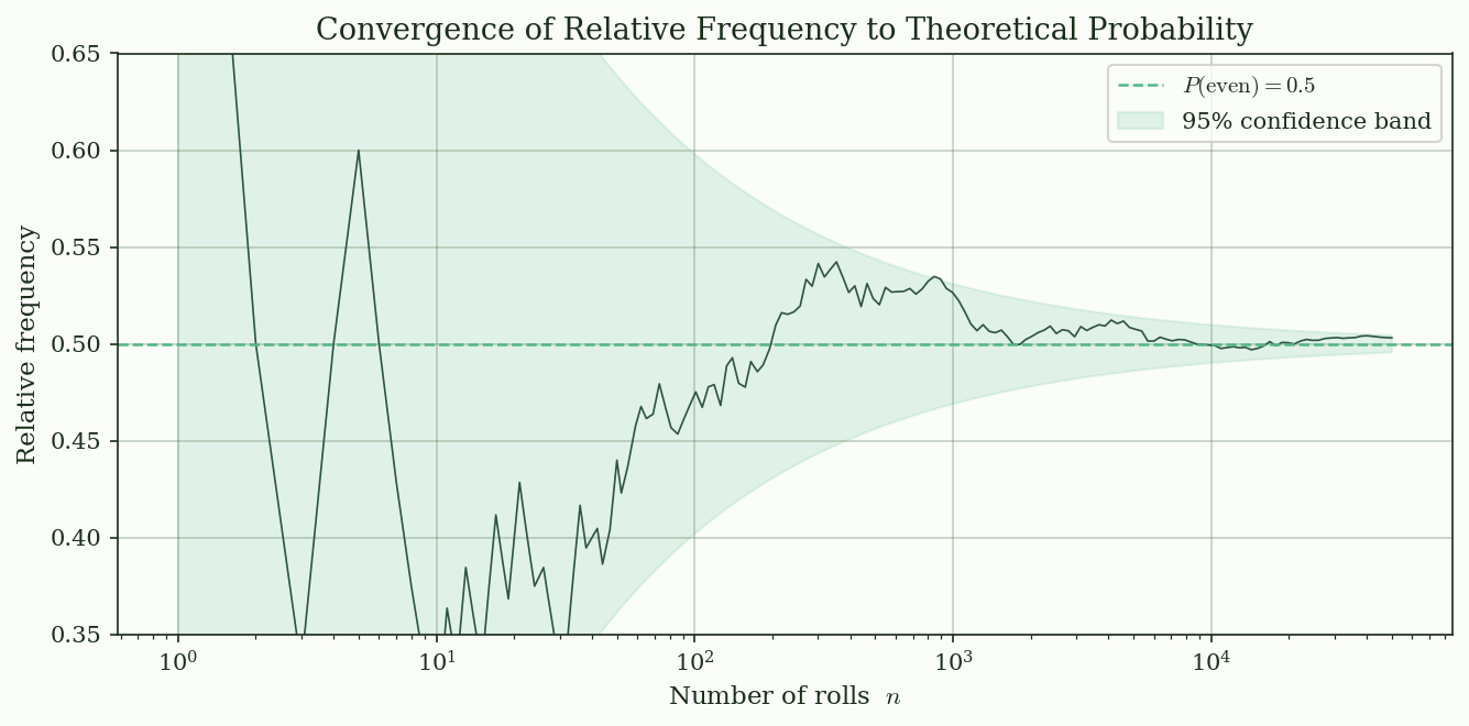 Convergence of relative frequency to $P(\text{even}) = 0.5$